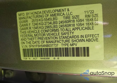 2022 Honda Pilot 2Wd Ex-L from USA, damaged, VIN 5FNYF5H54NB037737